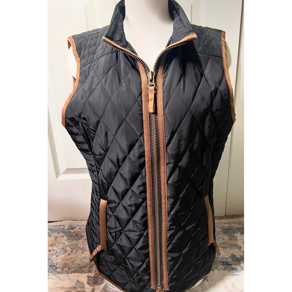 Cremieux Womens Black Quilted Vest Brown Trim Full Zip Sleeveless Jacket Medium